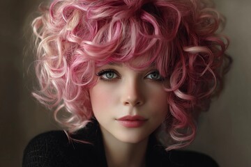 Fototapeta premium Young person with pink curly hair looking at the camera with soft light in a close-up shot indoors