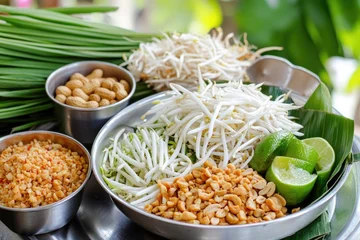 Fresh ingredients for authentic thai pad thai preparation on display © dashtik