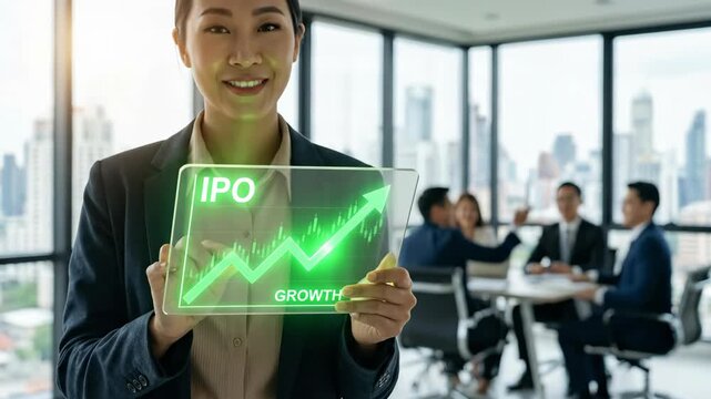 An Asian woman wearing glasses holds a transparent screen with a chart showing the growth of initial public offerings (IPOs). The businessman displays a chart showing IPO success and stock market data
