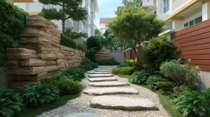 Obraz premium Serene Pathway Through Lush Green Garden with Stone Walkway and Beautiful Landscaping Features