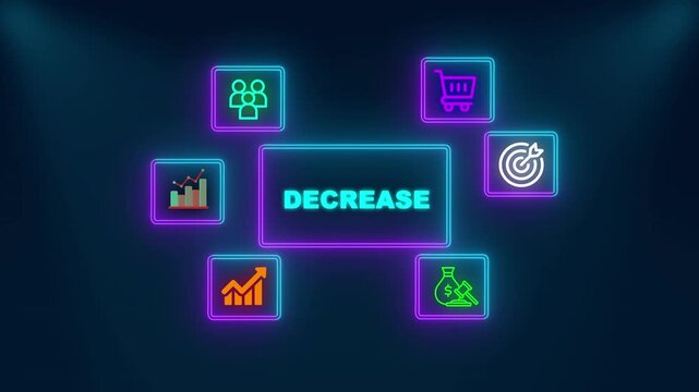 Business digital infographic central Decrease text surrounded by neon glow icons for teamwork e-commerce goals analytics growth and finance