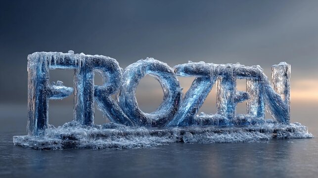 Ice sculpture of the word Frozen displayed on a frozen surface during a winter setting with a cloudy sky in the background