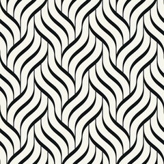 Fototapeta premium Monochrome seamless geometric wave pattern with bold interlaced grid structure. Modern abstract background featuring rhythmic wavy lines and repeating ripple effect. Stylish vector texture.