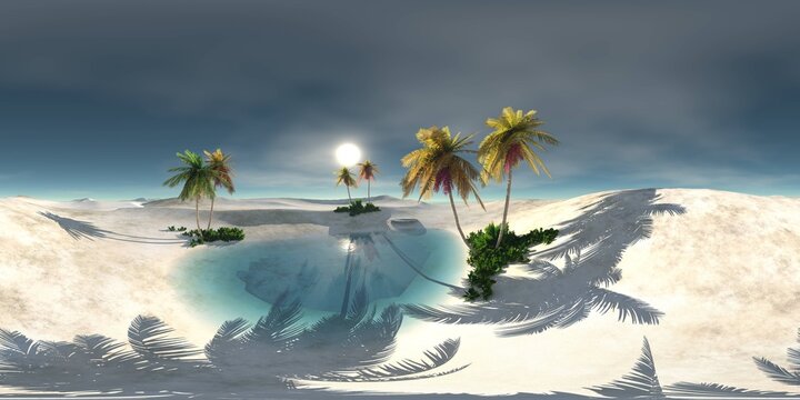 Environment map. HDRI map. Equirectangular projection. Spherical panorama. an oasis in the desert. 3d rendering
