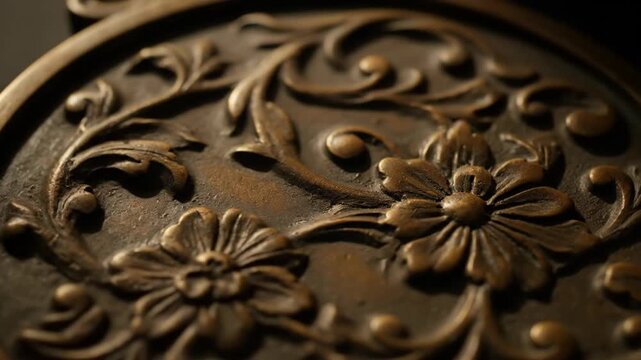 Ornate Bronze Metal Floral Pattern Closeup.