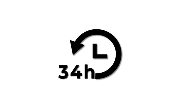 Abstract 34 hours clock with circle arrow animated. Clock timer, time passage waiting time animation icon. Stopwatch animated icon clock with moving arrows simple animation with white background.