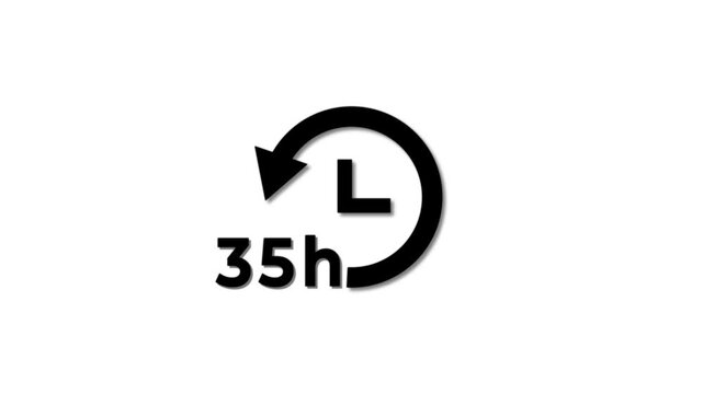 Abstract 35 hours clock with circle arrow animated. Clock timer, time passage waiting time animation icon. Stopwatch animated icon clock with moving arrows simple animation with white background.
