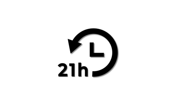 Abstract 21 hours clock with circle arrow animated. Clock timer, time passage waiting time animation icon. Stopwatch animated icon clock with moving arrows simple animation with white background.