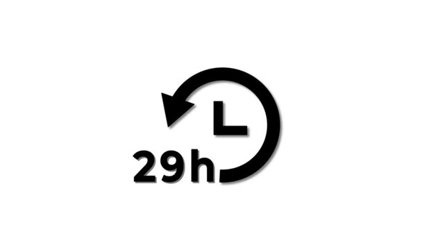Abstract 29 hours clock with circle arrow animated. Clock timer, time passage waiting time animation icon. Stopwatch animated icon clock with moving arrows simple animation with white background.