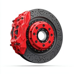 High-performance red brake caliper with black perforated disc rotor for sports car