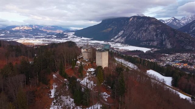 Aerial view of medieval Ruine Thierberg and Thierbergkapelle near Kufstein, Tyrol, Austria. Luftaufnahme der Ruine Thierberg bei Kufstein in Tirol, Oesterreich. View of Inntal valley and alpine peaks