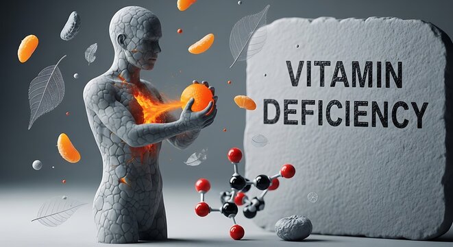 Man with orange fire in chest holding fruit near vitamin deficiency stone abstract concept