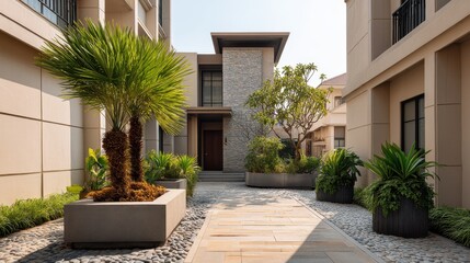 Fototapeta premium Modern residential courtyard with tropical plants and elegant architectural design in a sunny urban setting