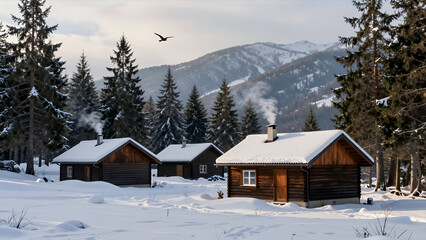 Cozy Wooden Cabins Nestled in Snowy Forest with Smoke Rising From Chimneys Mountains and Pine Trees under Winter Sky Peaceful Rural Retreat