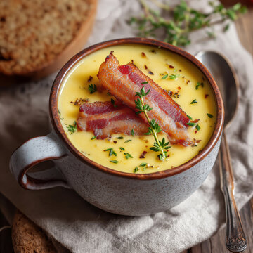 a cream soup with delisous slices of smaked bacon.