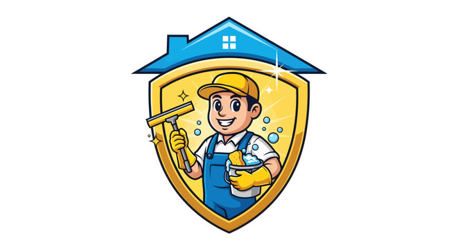 Professional Cleaner Man Holding Squeegee and Bucket Emblem.