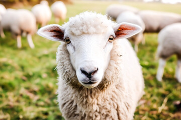 Fototapeta premium Close Up Portrait of Woolly Sheep Standing in Green Pasture Field