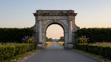 Obraz premium Grand Stone Archway Entrance Leading Down a Paved Road Through Manicured Hedges with Purple Flowers at Sunset Rural Landscape Photography