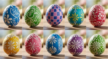 A collection of intricately decorated and colorful eggs displaying various artistic patterns and designs