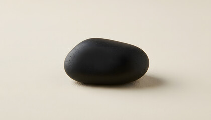 Smooth, dark river stone resting on a neutral background, evoking a sense of calm and natural serenity