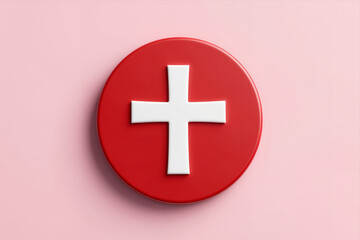Obraz premium Red Circular Button with White Cross Symbol on Soft Pink Background, Minimalist 3d Design for Medical or First Aid Concept