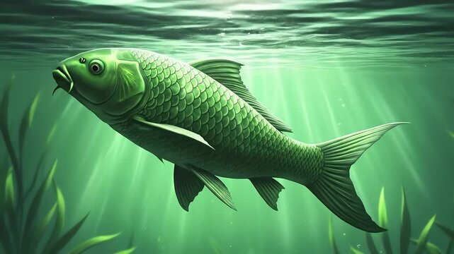 green fish swimming underwater with hook in mouth Animation Motion.