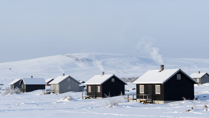 Serene Winter Village with Snow-Covered Wooden Cabins and Smoke Rising From Chimneys in a Frosty Landscape, Peaceful Rural Scene for Travel or Holiday Concepts