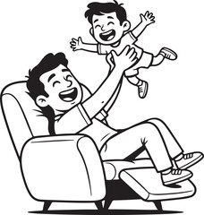A man is holding a baby in the air while sitting on a couch