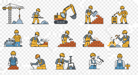 Fototapeta premium Construction workers and equipment flat design icons collection