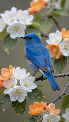 Naklejka premium Vibrant Blue Bird Perched on Flowering Branch with White and Orange Blossoms in Springtime Nature Photography