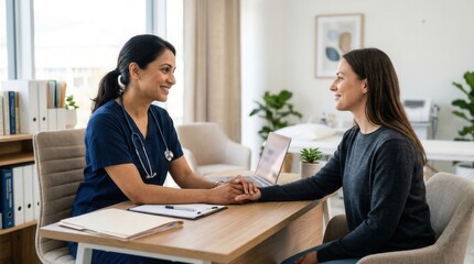 Fototapeta premium Female doctor holding hands of young patient offering comfort and support in medical office