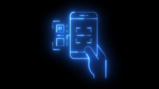 glowing neon QR code scanning icon with smartphone on black background. scanning code icon. payment, mobile payment, purchase, QR code, barcode, scanning icon for your app and web. 4k video animation.