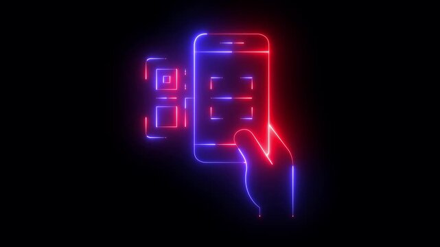 glowing neon QR code scanning icon with smartphone on black background. scanning code icon. payment, mobile payment, purchase, QR code, barcode, scanning icon for your app and web. 4k video animation.