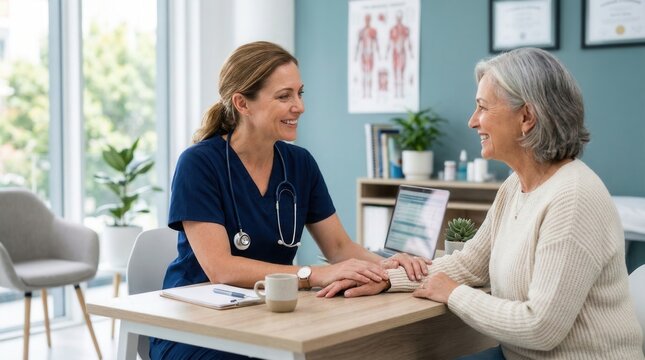 Friendly female doctor comforting senior woman patient during medical consultation in clinic