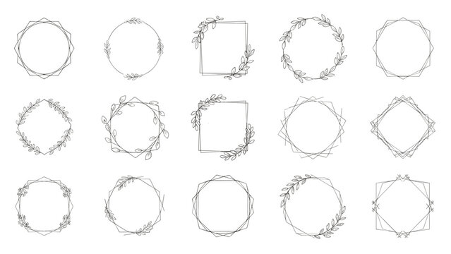 Delicate hand drawn floral and geometric frames in black ink provide a versatile collection of borders for elegant stationery.