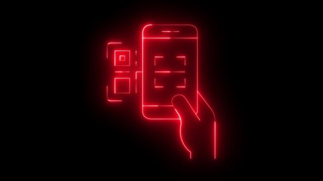 glowing neon QR code scanning icon with smartphone on black background. scanning code icon. payment, mobile payment, purchase, QR code, barcode, scanning icon for your app and web. 4k video animation.
