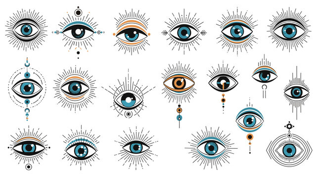Wide array of mystic eye symbols featuring various designs of the evil eye or third eye in shades of blue, gold, and black.