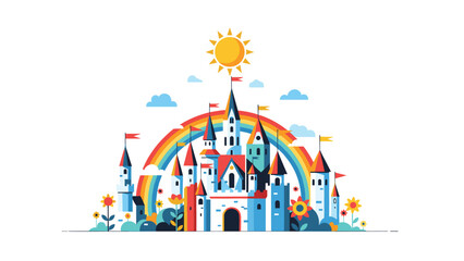 Fototapeta premium Enchanting fairy tale castle with colorful towers stands before a bright rainbow and a shining sun in a serene landscape.