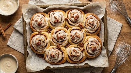 Fototapeta premium Freshly baked homemade cinnamon rolls with cream cheese icing and pecans on baking tray