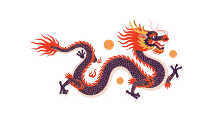 Fototapeta premium Traditional Chinese dragon illustration in a dynamic pose features intricate purple scales, red mane, and golden orbs on white.