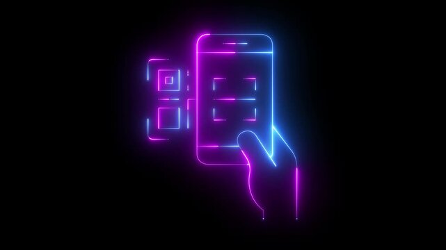glowing neon QR code scanning icon with smartphone on black background. scanning code icon. payment, mobile payment, purchase, QR code, barcode, scanning icon for your app and web. 4k video animation.
