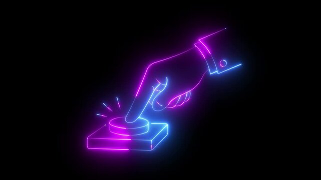 glowing neon hand presses button icon isolated on black background. Hand button icon. Finger pressing push buttons icon. Control panel and emergency action. Power switch and signal command sign.