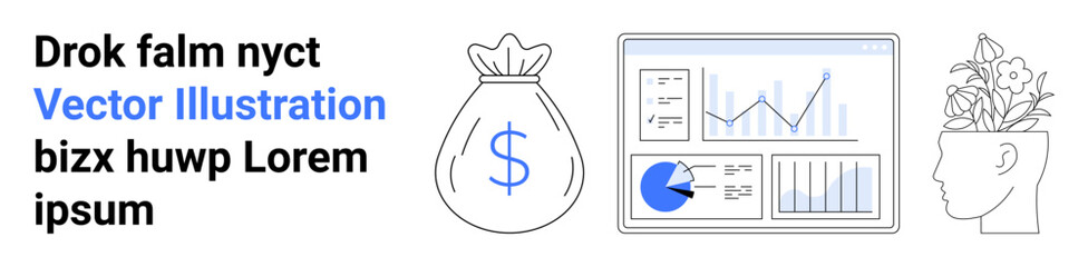 Money bag symbol, analytics dashboard with charts, head with plants representing growth. Ideal for finance, innovation, data analysis, business strategy, investment, creativity simple landing page © robu_s