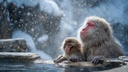 Fototapeta premium Geothermal hot springs resort, spa, bath pool, relaxation vacation theme. Two Japanese macaques, a mother and baby, in a hot spring surrounded by snow.