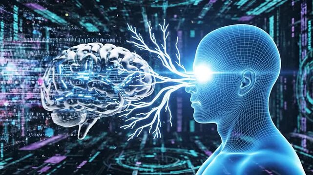 Digital brain connects to human head with glowing neural pathways