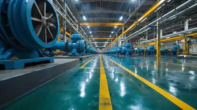 Long row of blue industrial pumps in a clean, brightly lit factory with green floor, yellow lines