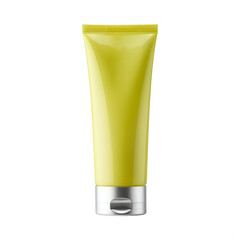 Bright yellow tube of skincare cream with silver cap and pump dispenser