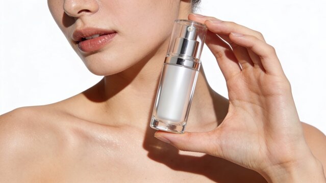 Young woman with clear skin holds a white cosmetic serum bottle with a silver pump dispenser next to her face and neck on a white background.