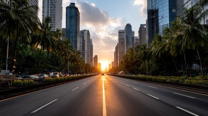 Obraz premium Glass office buildings line a wide road with palm trees on each side. Traffic is light during the blue hour