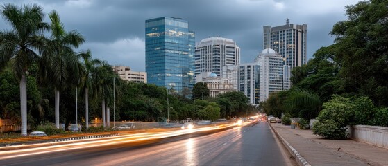 Obraz premium Glass office buildings line a wide road with palm trees on each side. Traffic is light during the blue hour